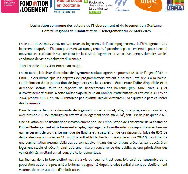Déclaration commune des acteurs de l’hébergement et du logement en Occitanie