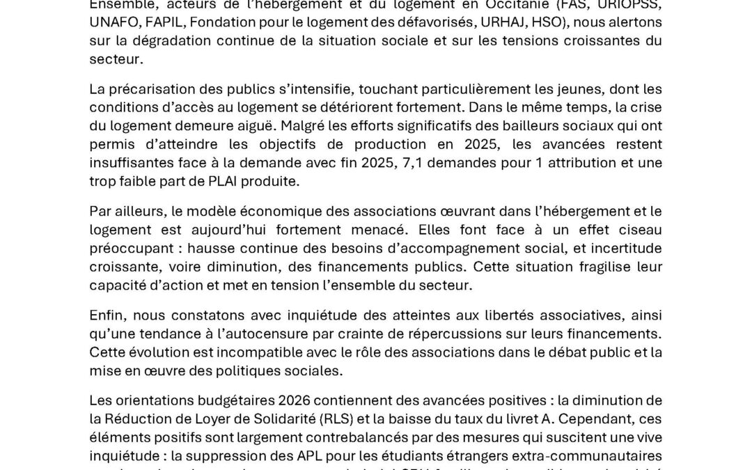 Déclaration commune des acteurs de l&rsquo;hébergement et du logement en Occitanie